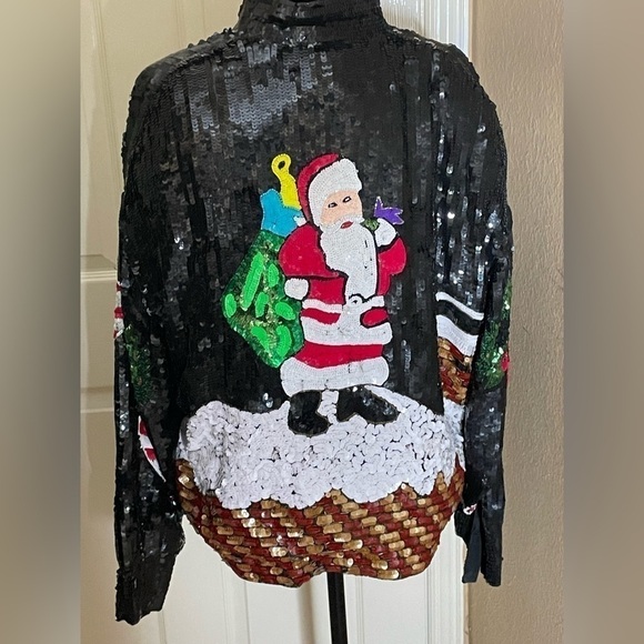Vintage  Christmas Bomber Jacket Med  Silk Sequined All Over Party​​​​​​​​​​​​​​ - Picture 4 of 11